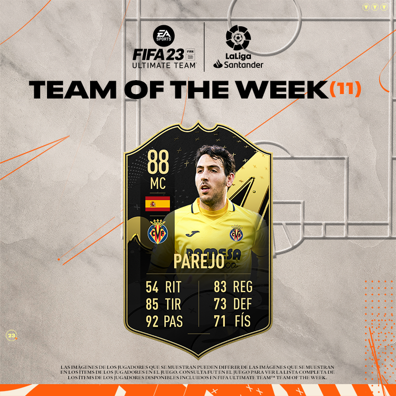 VillarrealCF's tweet photo. Tras su partidazo ante el @realmadrid, ¡@DaniParejo forma parte del TOTW 11 de FIFA 23! https://t.co/A9i9xOOCDu