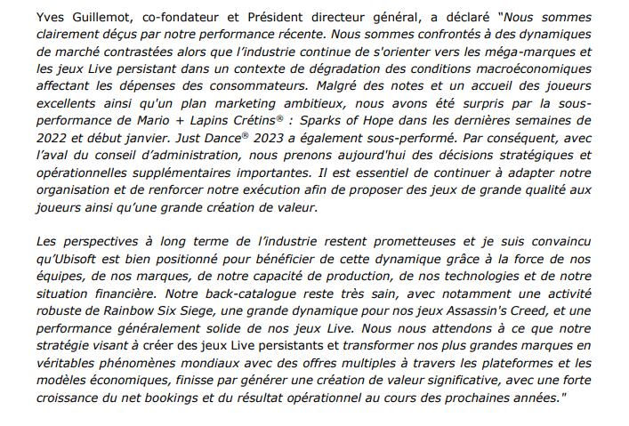 W_Chloe's tweet photo. “Nous sommes clairement déçus par notre performance récente", déclare Yves Guillemot dans le communiqué. Ubisoft annonce la "sous-performance" commerciale de Mario et les Lapins Crétins 2 et de Just Dance 2023 durant les fêtes de Noël. https://t.co/pBCwsmTDtj