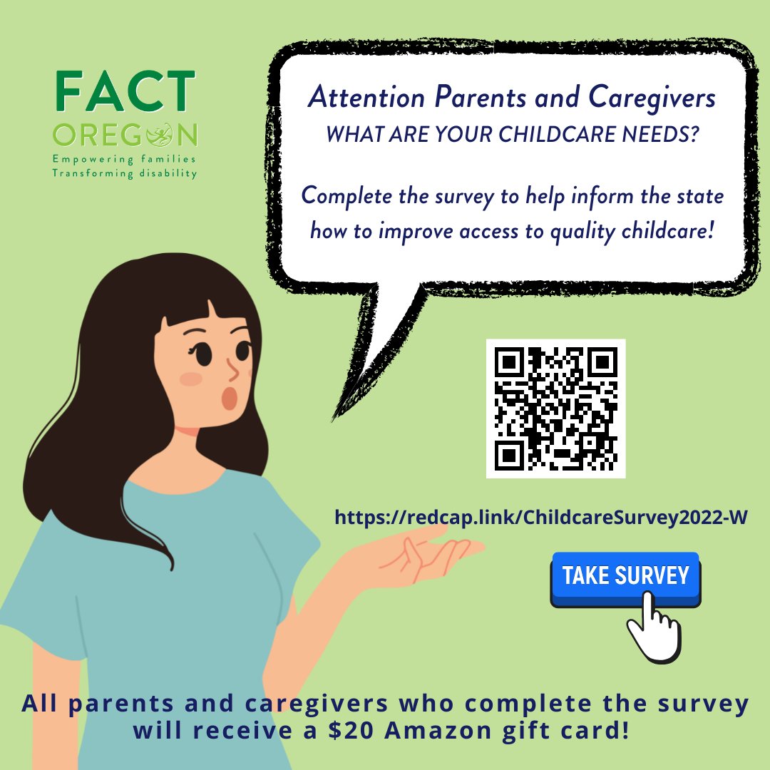 FACTOregon's tweet image. The Early Learning Division is asking for feedback on your family’s experience searching for and using child care. Your input will help the state understand family needs and increase support for child care providers. Visit redcap.link/ChildcareSurve…
