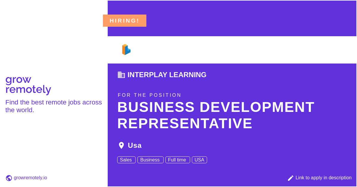 growremotelyio's tweet image. Check out this job at Interplay Learning for the position Business Development Representative.

 Apply link: growremotely.io/?id=63bdffba18…

#hiring #remotejobs #InterplayLearning #SalesandMarketing