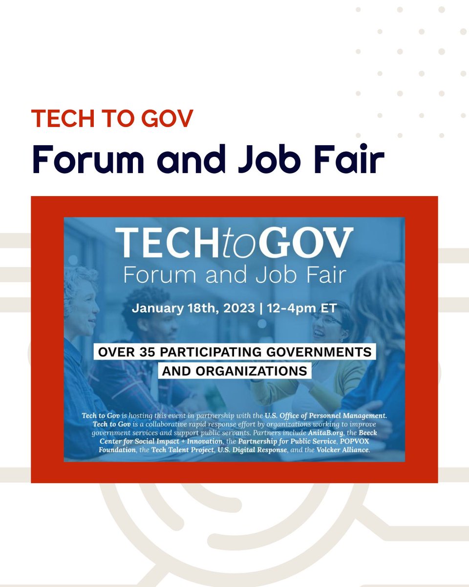 TechToGov's tweet image. Join us for the #TechtoGov Forum &amp;amp; Job Fair with @USOPM &amp;amp; @TechTalentProject on January 18, 2023, 12pm - 4pm ET. This is a free virtual event for technologists with more than 25 organizations represented with dozens of open or upcoming roles. Register now: bit.ly/3WBR4Sk