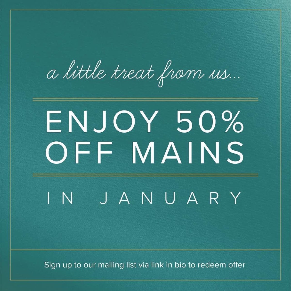 Sign up to our mailing list (link in bio!) or book a table using the code 50OFF to get 50% off mains Monday-Friday throughout January.
T&amp;Cs apply.
themitrew11.co.uk/reward/1