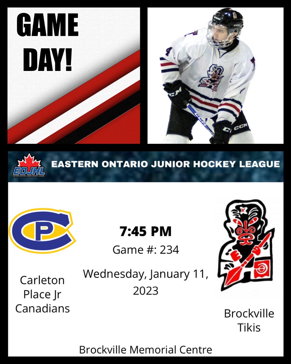 🚨GAME DAY!🚨 Head over to the Brockville Memorial Centre tonight to cheer on your Brockville Tikis! Puck drop at 7:45pm. Let’s roll Teeks!! #TikisGameday #tikitime #brockvilletikis #rollteeks #EOJHL