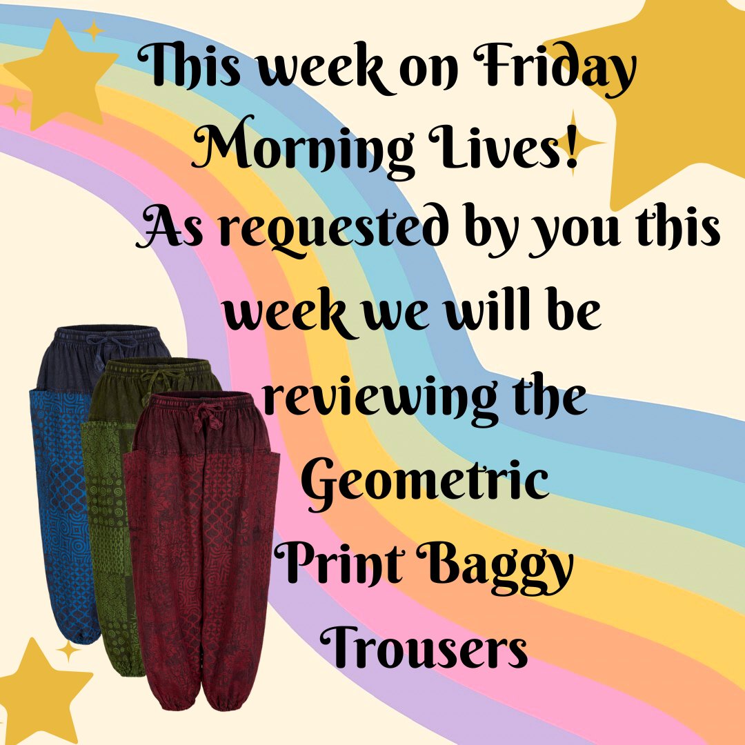 WickedDragonUK's tweet photo. As requested by you, Sally and Jade will be going live on Friday morning 11am on Facebook, and reviewing the Geometric Print Baggy Trousers. https://t.co/ctldNVx5eL