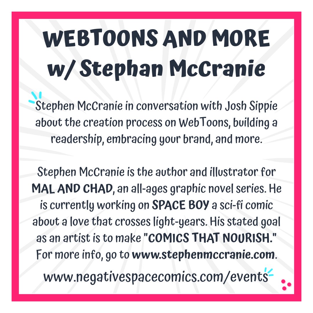 Stephen McCranie (@stephenmccranie) on Twitter photo Very excited to be joining <a href="/NegSpaceComics/">Negative Space Comics</a> for an interview next Wednesday to talk about making #webtoons and other important cartoonist topics. Register for the event at: negativespacecomics.com/events/ Very excited to be joining <a href="/NegSpaceComics/">Negative Space Comics</a> for an interview next Wednesday to talk about making #webtoons and other important cartoonist topics. Register for the event at: negativespacecomics.com/events/