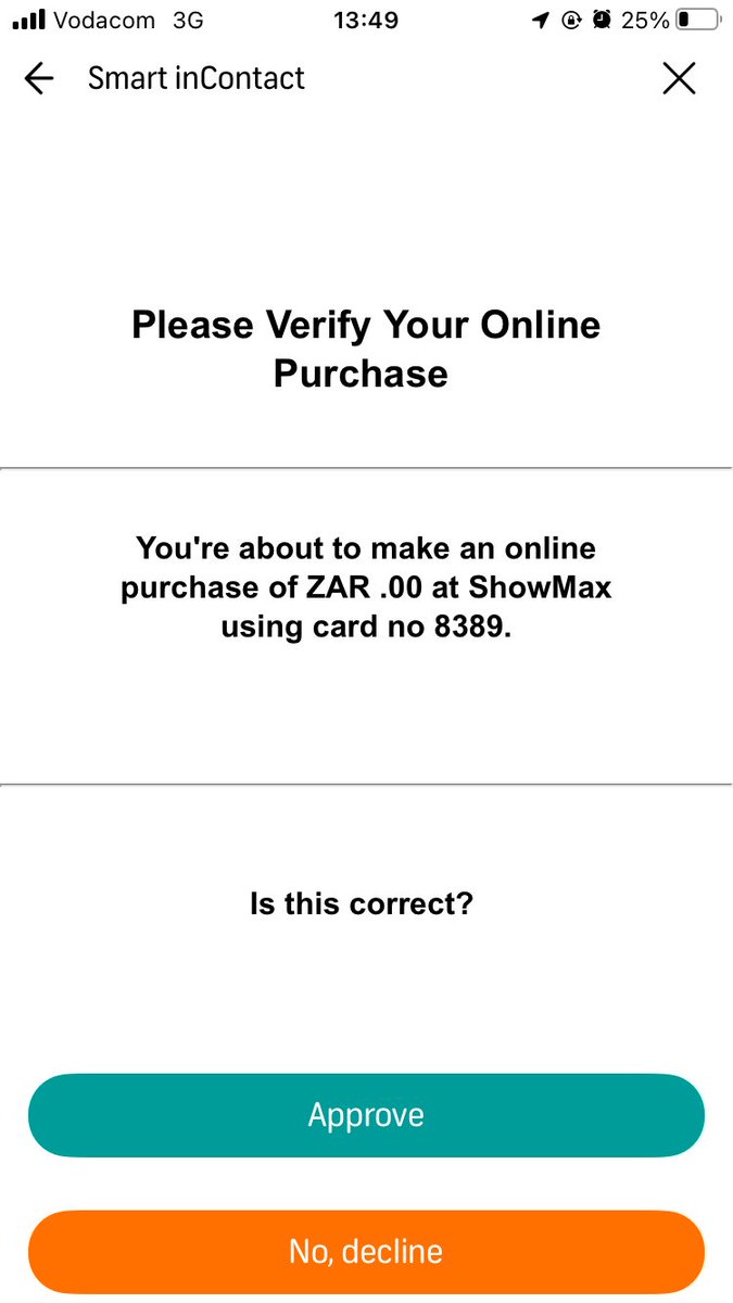 1BUSIness88's tweet photo. Hi @FNBSA @Rb__sa 

I got this message BUT then got charged the subscription. Please advise as FNB is not showing the correct amount on the app 

FNB :-) Online Secure - You're about to make an online purchase of ZAR .00 at ShowMax using card no 8389. Confirmation OTP: 1160 https://t.co/boKfBF1vYn