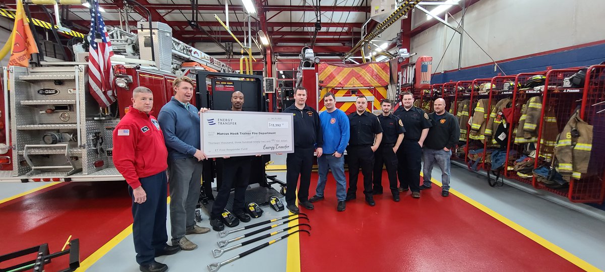 ETNortheast's tweet photo. We were honored to present a #FirstResponderFund grant to the Marcus Hook Trainer F.D. — and were humbled to receive a plaque recognizing ET's ongoing support through grants, trainings and other COVID-19 support. The communities where we operate are incredibly important to us. https://t.co/tUGVXoc37a