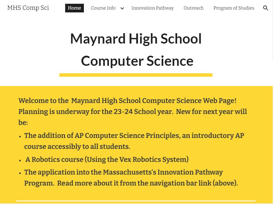 fs_compsci's tweet image. Learn more about Maynard High School Computer Science!  Parents in Grades 4 to 8 are welcome to attend the information session on Thursday, January 12, 2023 at 7pm.

Zoom: us06web.zoom.us/j/83126272713 

MHSCS Website: sites.google.com/maynard.k12.ma…