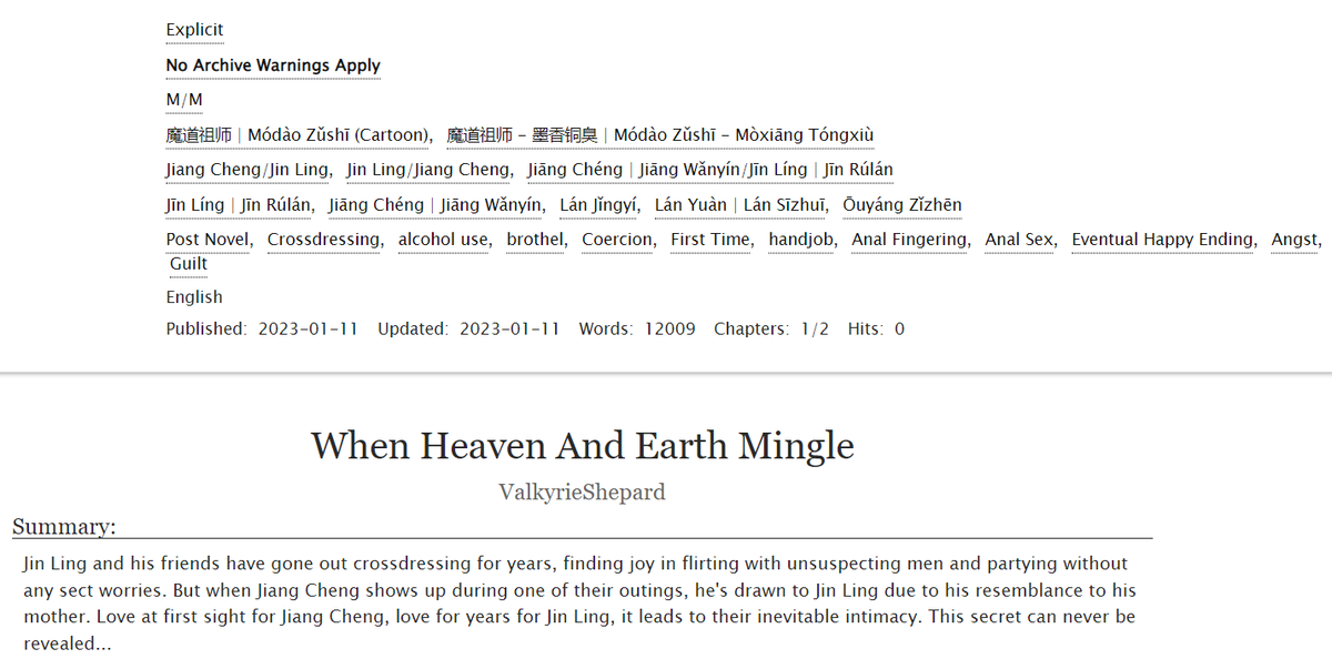 valkyrieshepard's tweet photo. When Heaven And Earth Mingle by ValkyrieShepard / Crossdressing Jin Ling - and Jiang Cheng does not recognise him / EXPLICIT / Eventual happy ending but with angst! / 12k words chapter 1
Link below 👇
#ChengLing #mdzs https://t.co/EilEYDAbx9