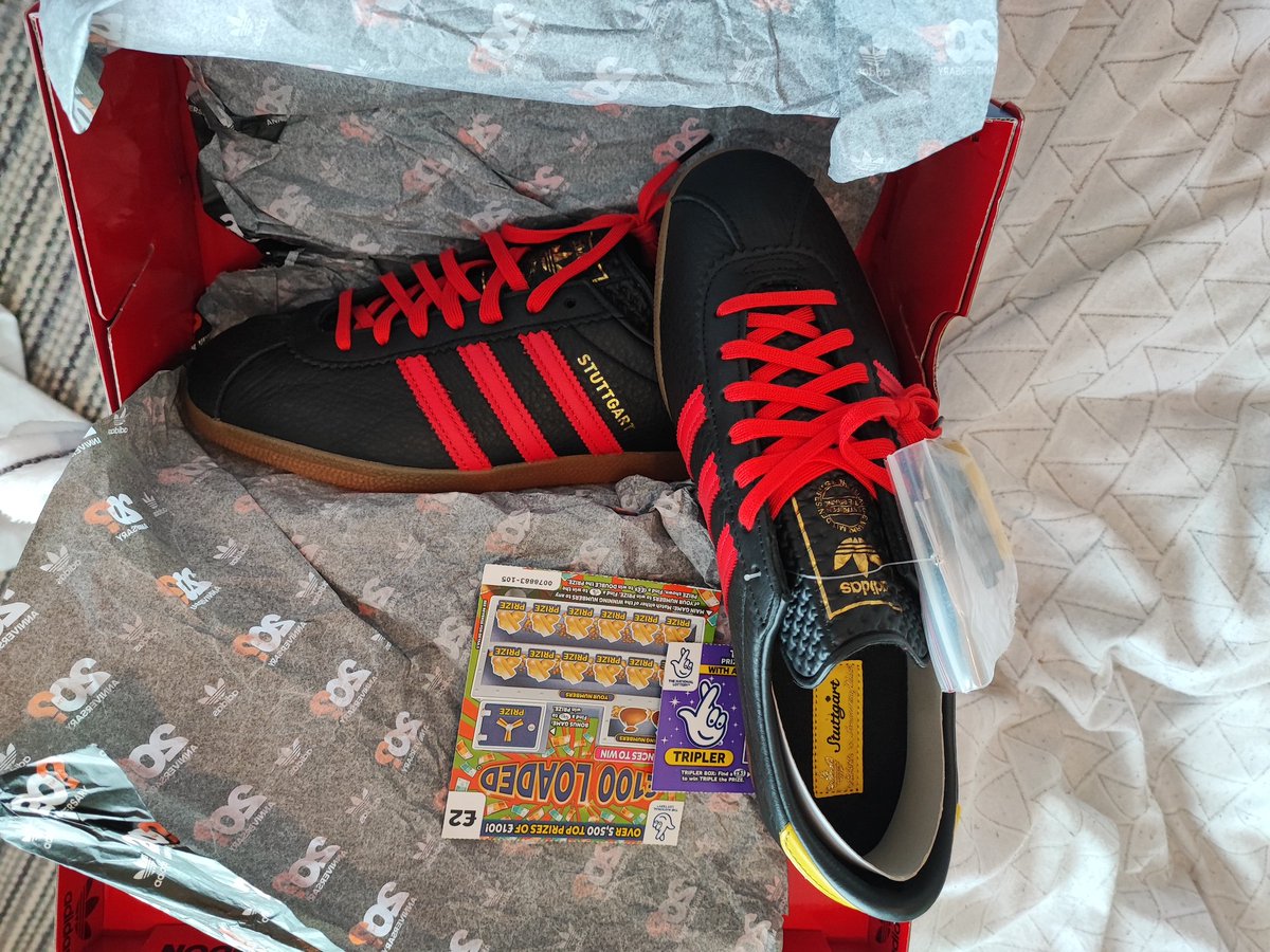 So today, my grails arrived with a wee winning lotto scratcher to boot. We have a group on Facebook that we use for bonus ball. I am absolutely buzzing. #Grails #AdidasStuttgart #AdiFamily #ShowYourStripes