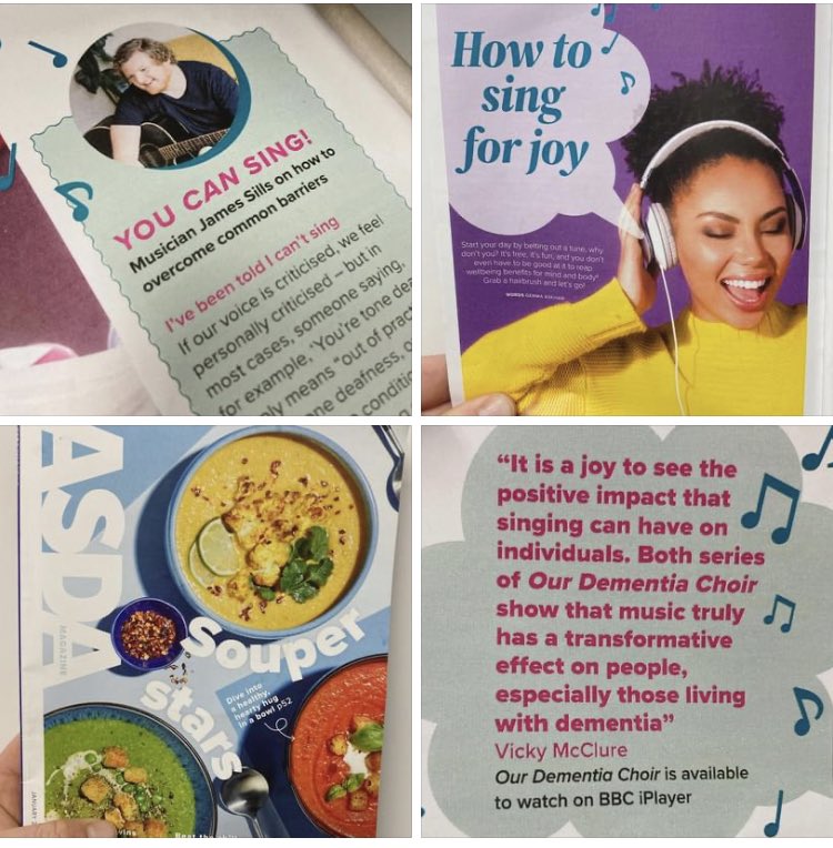 jsillsmusic's tweet photo. Delighted to have contributed to this singing for wellbeing feature in the current episode of @asda magazine. Exciting to see singing as part of a broader conversation about physical and mental health, especially in a magazine with a circulation of 1.5 million! #singforwellbeing https://t.co/0FY0Cf9tc5