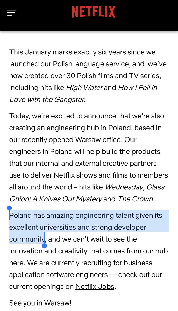 GergelyOrosz's tweet photo. Big news for Central Europe: Netflix announced opening an engineering office in Poland.

I’m not surprised, given the success so many tech companies have, hiring in Poland. I’m more surprised few Big Tech have focused on this location (Meta hired remote but not via an office) https://t.co/B3vzYGpnUn