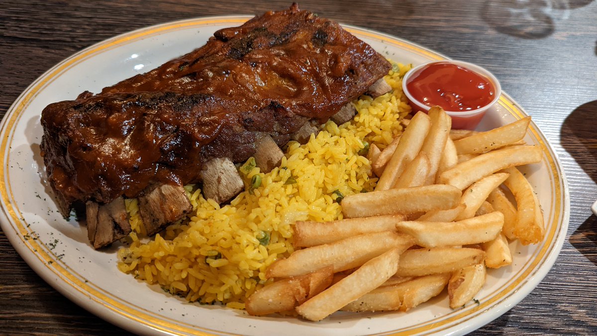 CubaNuNJ's tweet photo. Weekend Special, tender full rack baby back ribs, glazed with our homemade BBQ sauce, yellow rice and french fries. #CubaNu #CubaNJ Rahway, New Jersey #CubanRestaurant #SpanishFood https://t.co/iOEQ6DgzOq https://t.co/u798GFgxPI