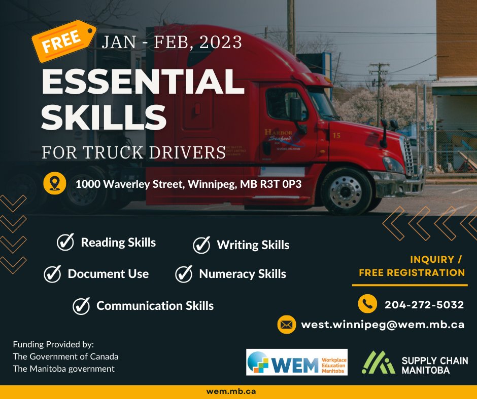 supplychainmb's tweet image. Are you planning to Challenge Your #Class1Driver’sLicense Test &amp;amp; Become a #TruckDriver? Register for WEM FREE Essentials Skill Workshop for Truck Drivers to upgrade the skills you need to succeed in your Test. Register ▶️ Call: 204-272-5032 Or Email: west.winnipeg@wem.mb.ca