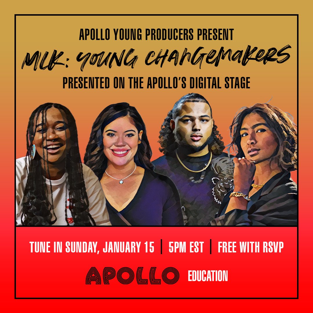 ApolloTheater's tweet photo. Sunday on the #ApolloDigitalStage: celebrate #MLKDay with 2 free events!
Tune in at 3p ET for #ApolloUptownHall - ‘MLK - Blueprint For The Culture’ in partnership with WNYC.
Then, stick around for ‘MLK - Young Changemakers’ at 5p ET!
Learn more: https://t.co/wEBBRVafeT https://t.co/QhiAjk67EK