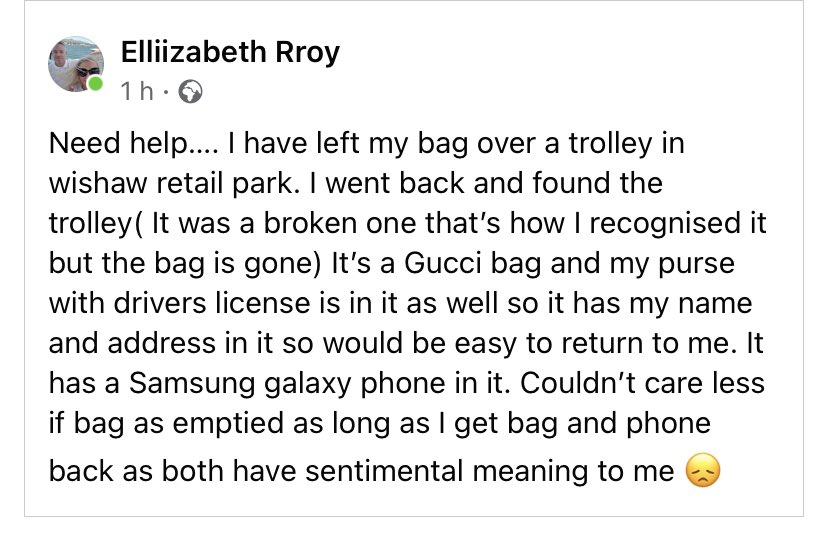 J4CKR0Y's tweet photo. Could everyone please retweet this my mum has lost her bag in Wishaw retail park. It’s got so many family memories on the phone that we won’t get back. Lots of pictures and videos of the whole family at the time. My dad got my mum the bag too so it means a lot. https://t.co/WmotLgE3xJ
