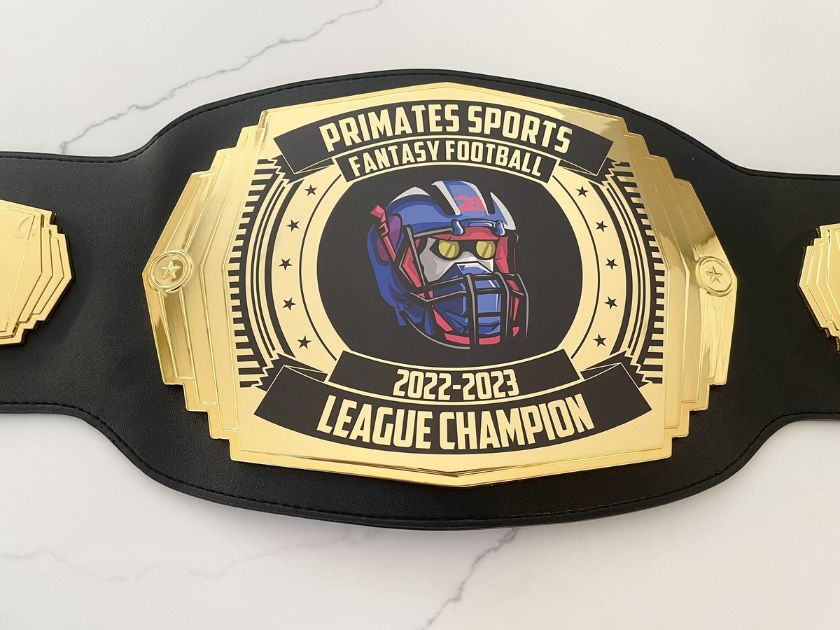 PrimatesSports's tweet photo. Congratulations to @nft_fee for winning the inaugural @Primatesnft Fantasy Football Season! He will be awarded this special championship belt along with a custom edit to his pfp. We were going to make the last Place team change their pfp, too, what do y’all think? https://t.co/QMen6khSaw
