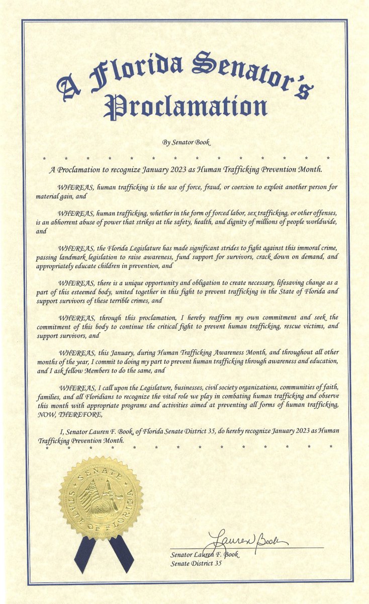 Today, I filed a proclamation to recognize January as #HumanTraffickingPreventionMonth - a time for us to learn the signs, take action, & stop exploitation in its tracks.

If you suspect human trafficking, call the National Human Trafficking Resource Center at 888- 373-7888.