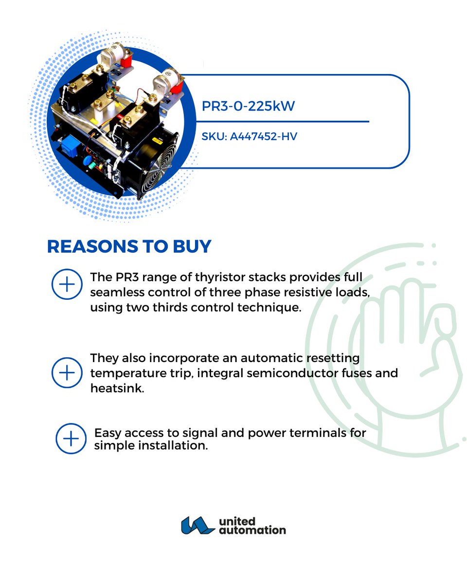 UA_Limited's tweet image. The PR3 range of thyristor stacks provides full seamless control of three phase resistive loads, using two thirds control technique. 
For more information, please contact us.
☎️+44(0)1704 516500
✉️enquiries@united-automation.com
🔗united-automation.com
#powerandcontrol