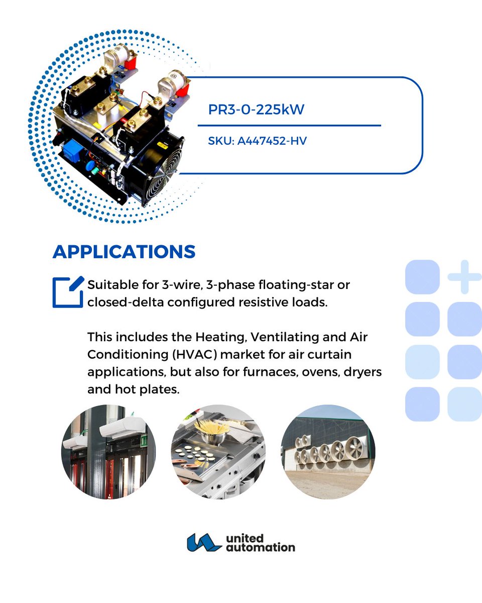 UA_Limited's tweet image. The PR3 range of thyristor stacks provides full seamless control of three phase resistive loads, using two thirds control technique. 
For more information, please contact us.
☎️+44(0)1704 516500
✉️enquiries@united-automation.com
🔗united-automation.com
#powerandcontrol