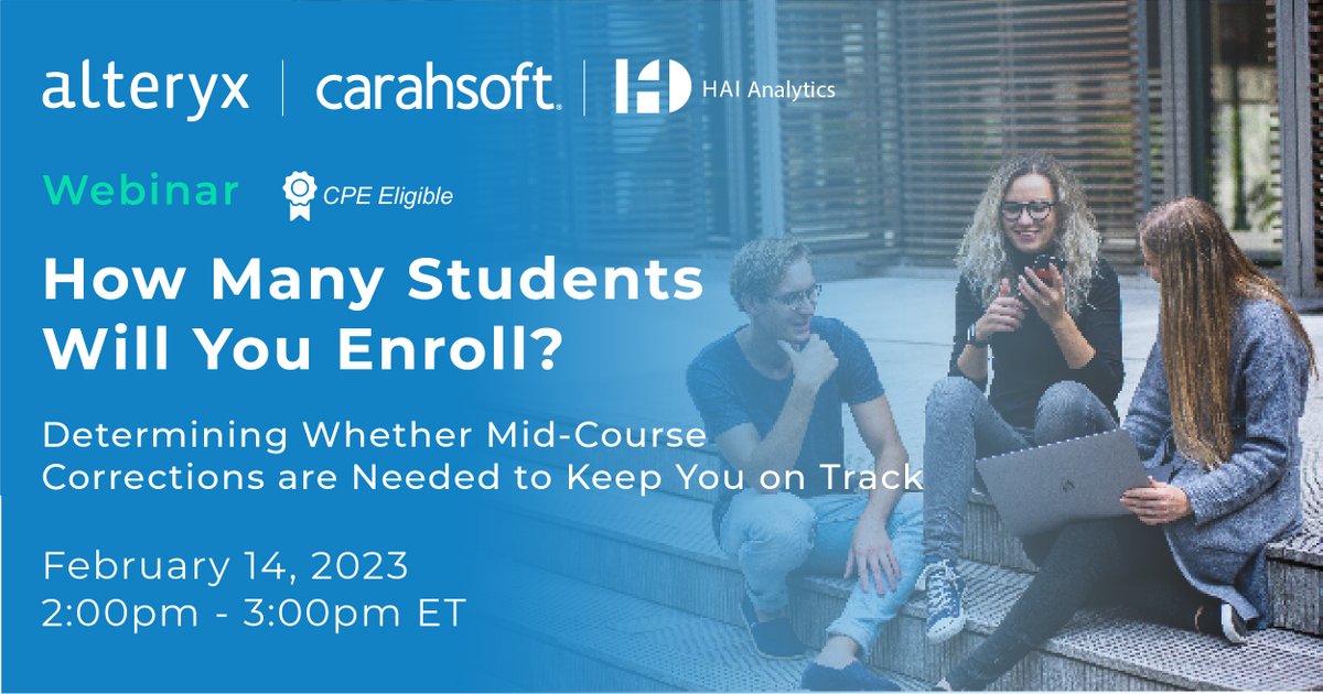 alteryx's tweet image. How many students will enroll? Using #InstitutionalData and statistical modeling is key to creating a sound admission and financial aid strategy.

Join our webinar to learn the essential parts of managing your enrollment and revenue goals.

Register today: ow.ly/PaMr50Mnijt