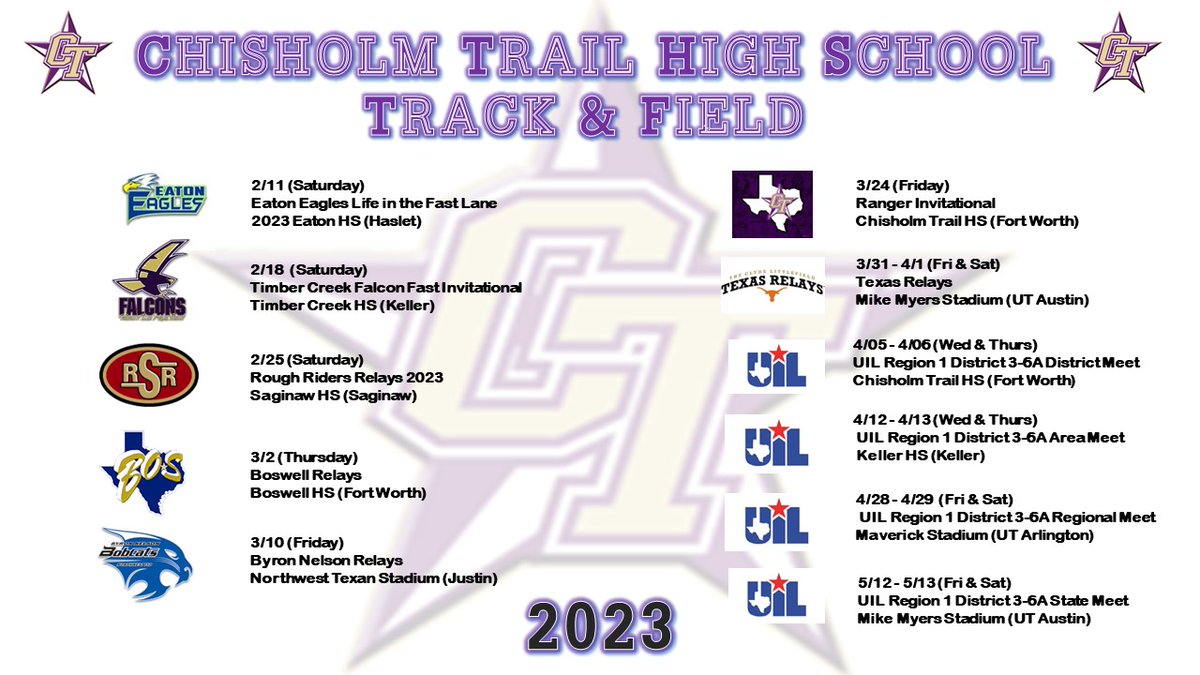 Here's our 2023 Schedule! (Updated & finalized!)
We are looking forward to a great season! 
Thank you in advance for your support!! #RangersRide #CTHSTrackandField @ChisholmTrailHS @rangermedia @CTHS_Football @emsisdathletics