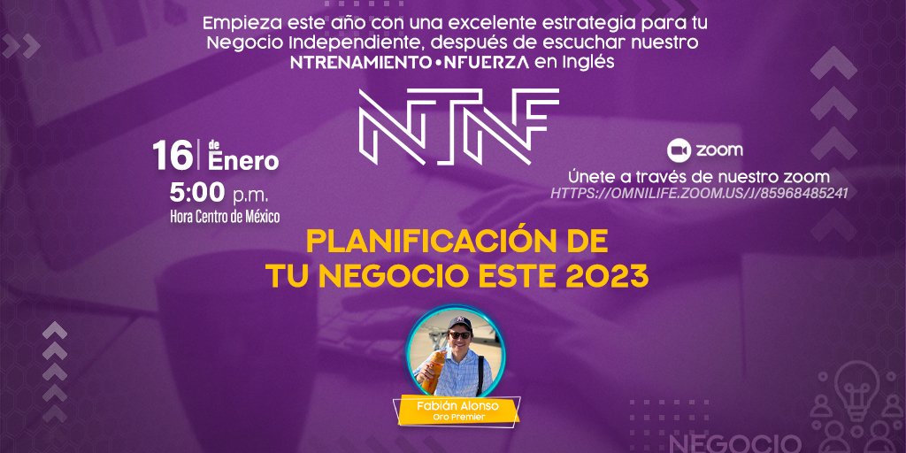 NFuerza_'s tweet photo. Empieza excelente este 2023 con nuestro Ntrenamiento NFuerza en inglés. Nuestro líder: Fabián Alonso, Oro Premier, nos hablará de la planificación de tu negocio para este 2023. 🥳🤩
Zoom: https://t.co/WAiloPX6EZ
.
.
#OMNILIFE #NFuerza #NTNF https://t.co/xzzBGix040