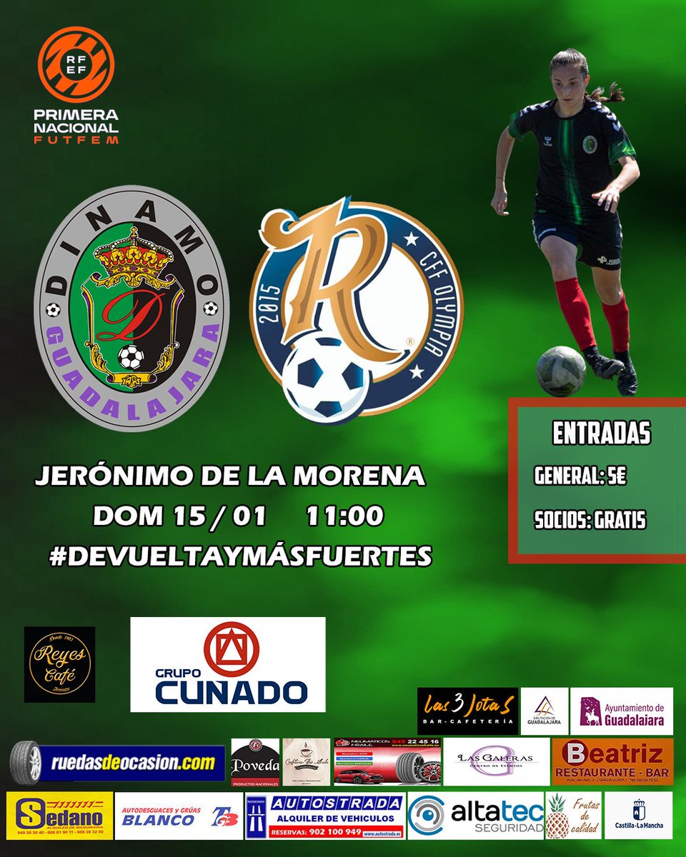 Dinamo Guadalajara (@dinamogoficial) on Twitter photo 💚 NUEVA CITA EN PRIMERA NACIONAL FEMENINA 💚
Dinamo Guadalajara - <a href="/cff_olympia/">CFF Olympia Las Rozas</a>
Jornada 1️⃣5️⃣ Primera Nacional <a href="/FutFemRFEF/">FutFem RFEF</a>
🗓️ Domingo 15 de enero
⏰ 11:00
🏟️ Jerónimo de la Morena
¡Necesitamos tu apoyo! !Te esperamos el domingo en el Jero! 💚 NUEVA CITA EN PRIMERA NACIONAL FEMENINA 💚
Dinamo Guadalajara - <a href="/cff_olympia/">CFF Olympia Las Rozas</a>
Jornada 1️⃣5️⃣ Primera Nacional <a href="/FutFemRFEF/">FutFem RFEF</a>
🗓️ Domingo 15 de enero
⏰ 11:00
🏟️ Jerónimo de la Morena
¡Necesitamos tu apoyo! !Te esperamos el domingo en el Jero!