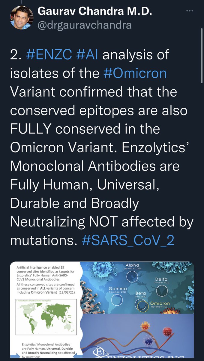 TakeAmericaBA's tweet photo. $REGN + $ENZC = mAb that works against all variants. 
Early 2022 talks between both companies for possible EUA. Physician who assists in REGN trials thereafter joined ENZC’s Advisory Board.
#JPM #JPM23 #JPM2023 #biotech #MedTwitter #IDtwitter #SFM #SARSCoV2 #sars3 #COVID19 #AI https://t.co/bV57mk27u7