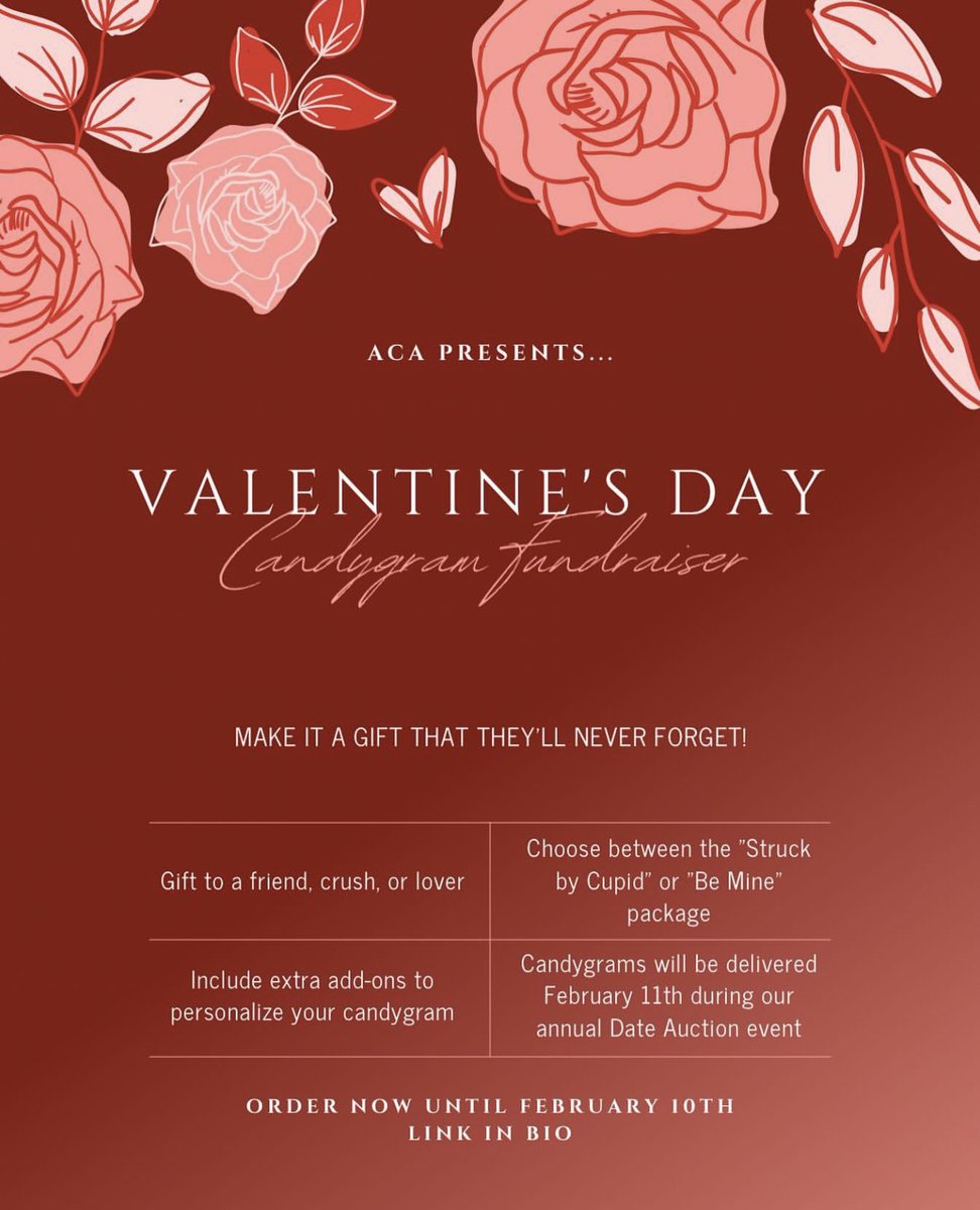 Gift a candygram to a friend, crush, or lover and it will be delivered to them February 11th during the ACA Valentine's Date Auction. Fill out the form in our bio and send payment to $PayACA by February 10th to ensure your order will be delivered.