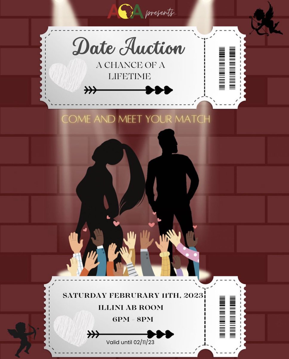 If you're looking for the 1 of 1 you don't want to miss out of ACA's Date Auction! Join us on Feb 11th for ACA's Date Auction in the month of love This event will be hosted in the 314 AB Room in the Illini Union. Doors open at 5:30! Can't wait to see you there~