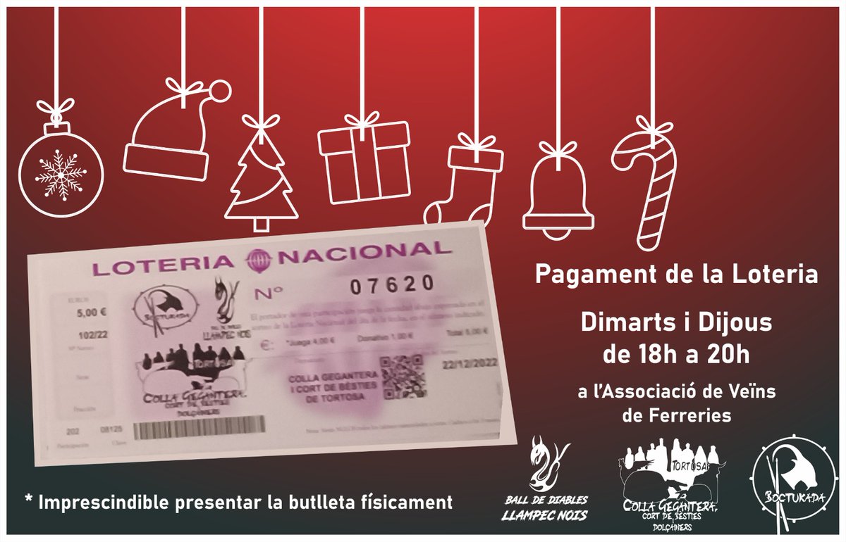 LlampecNois's tweet photo. 📢 Atenció ‼️
A partir d'aquest dijous podreu fer efectiu el cobrament de la Loteria de Nadal 🎊🎉 a l'Associació de veïns de Ferreries "C/Alfara de Carles, 20"
🧐 Imprescindible presentar la Butlleta ‼️ https://t.co/PrYp8qxzB9