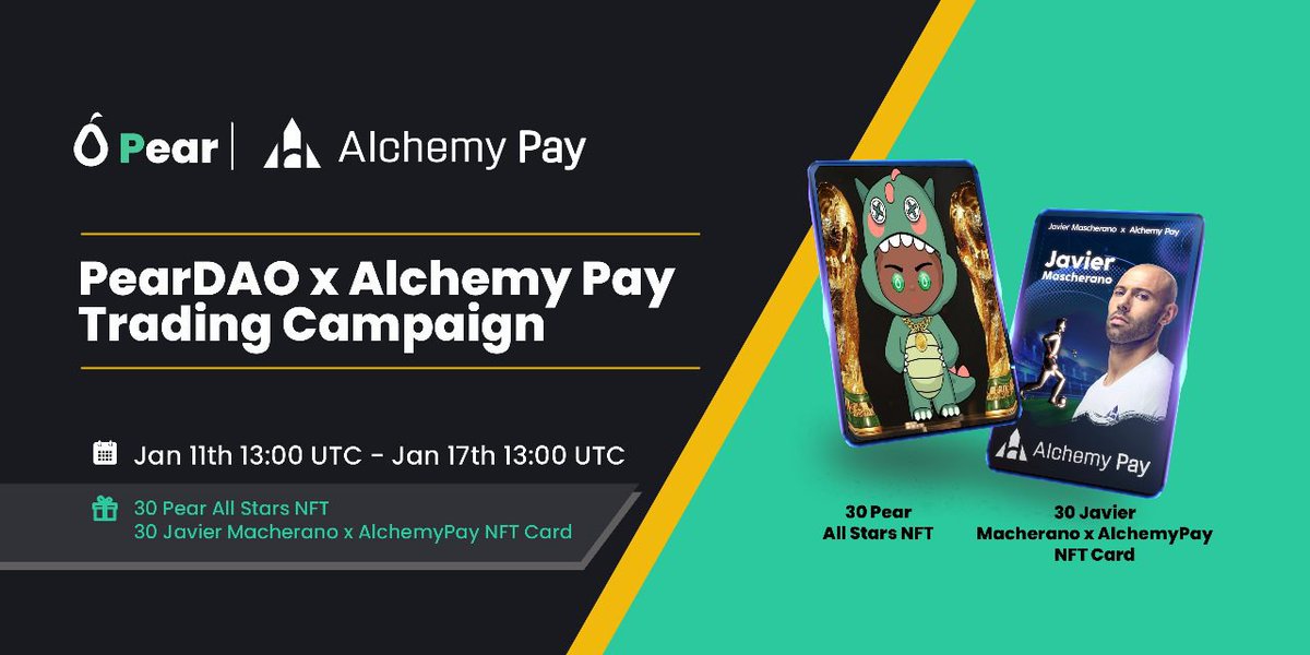 PearDAOReal's tweet photo. 📢We're excited to host trading campaign with @AlchemyPay

🎁30 Javier Macherano x AlchemyPay NFT + 30 Pear All Stars NFT
⏰jan 11-17

✅Trade any amount on the Pear P2P Marketplace to claim #GalxeOAT powered &amp; have a chance to get rewards. 

➡️More info:https://t.co/Q74gfg0xOw https://t.co/Q7SdiM3sDF