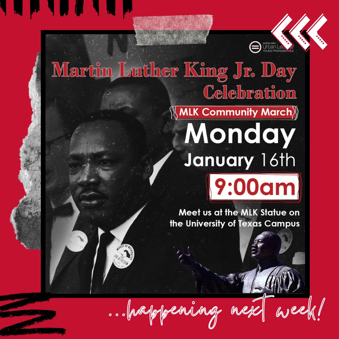 AAULTX's tweet photo. JOIN US on Monday, January 16th for the MLK Community March in celebration of Marting Luther King Jr. Day.

#MLKDay #DayOfService #MLK #MLKDay2023 #AustinAreaUrbanLeague #YoungProfessionals #AAUL #AAULYP #CommunityEngagement #Service #LivingTheDream https://t.co/LDatoGgDGP