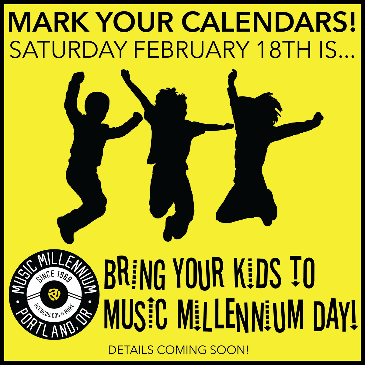 Let's co-create the next generation of lifelong music lovers, musicians and artists! February 18th is 'Bring Your Kids To Music Millennium' Day from 10am to 6pm! Free gift bags to the first 200 kids 18 and under! Live performances!