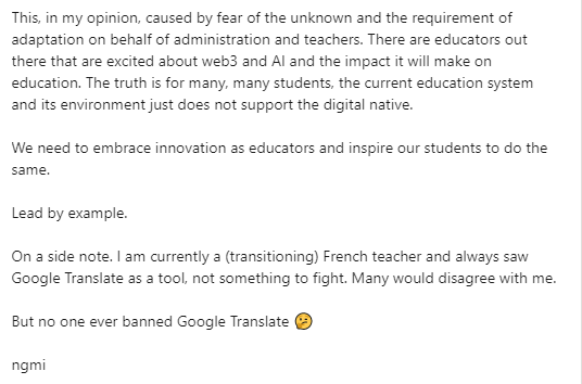 MlleNadjie's tweet photo. Here is a lil post I made on LinkedIn on NYC school district banning #ChatGPT 

https://t.co/d99luWoI5p

#AI #education #innovation #transitioningteachers #web3 #teachers #students #educators #digitalnatives https://t.co/9Xw6VqaFZQ