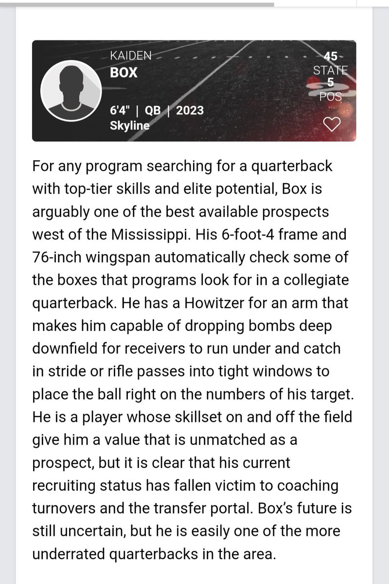 BoxKaiden's tweet photo. Thank you @coachwes_23 for the write up! All I can do now is continue to train hard and enjoy the rest of my senior year. There’s a plan for me, just gotta make sure I’m ready! @traininthecore @FairchildQB @BoCoPreps @FalconAthletics @TeamFullGorilla @PrepRedzoneCO https://t.co/Vfh3QFkJxp