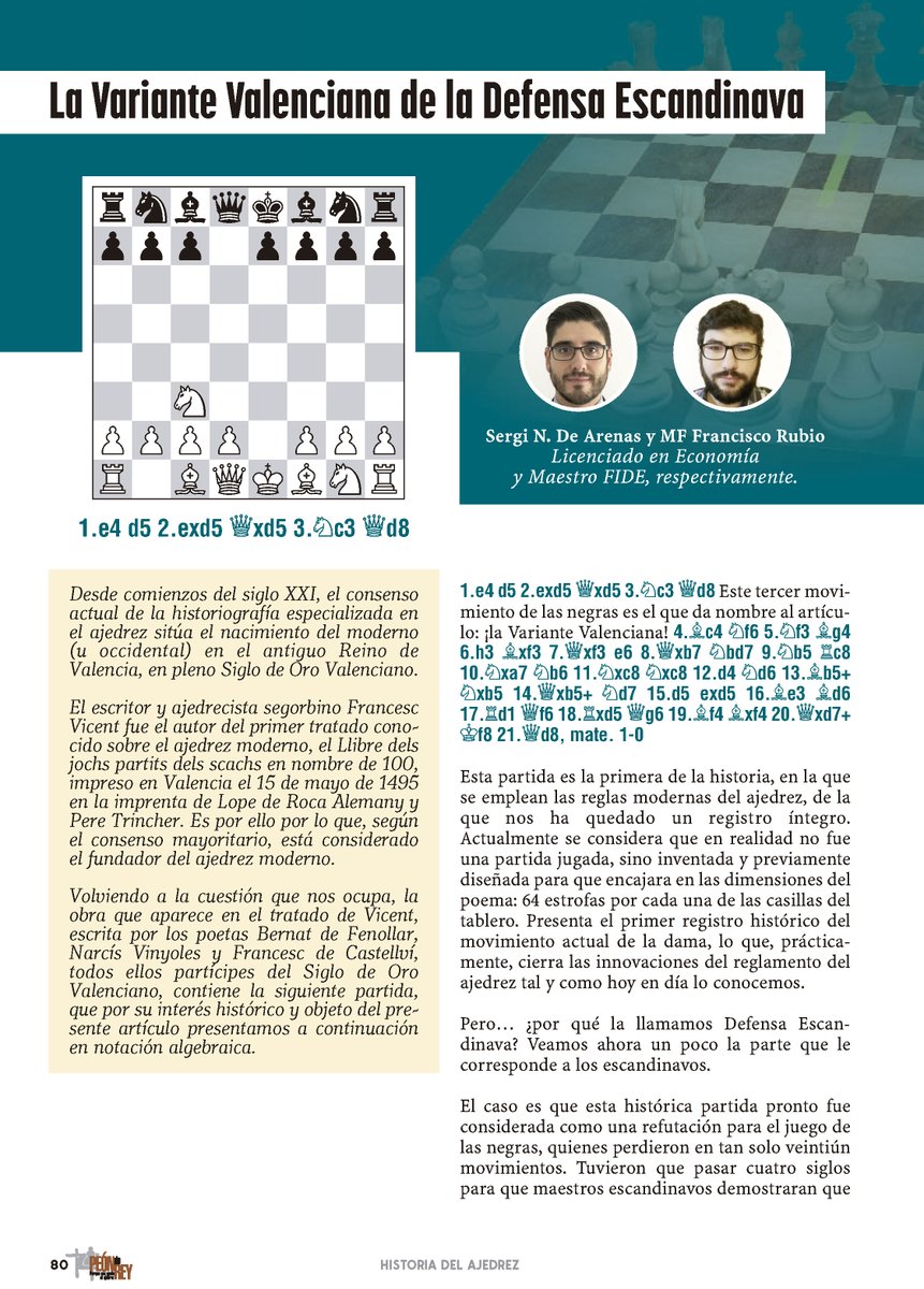 Nos complace apoyar iniciativas como la que presentamos en PDR 162, reclamando para Valencia la paternidad de una antigua variante de la defensa Escandinava. ¿Qué opinas? ¿Apoyas a los autores a reivindicar el origen de esta línea de juego? Pues ya sabes, like o RT ;-)