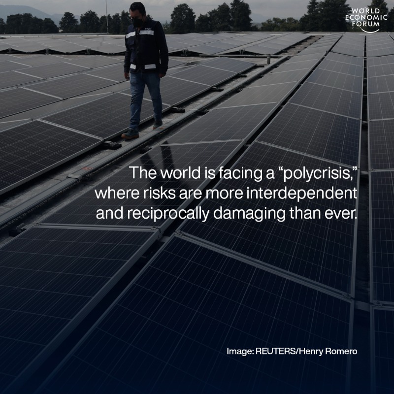 wef's tweet photo. The @wef's Global Risks Report 2023 identifies the cost of living crisis, natural disasters, extreme weather events and geoeconomic confrontation as the top risks facing the world over the next two years. @MarshMcLennan @Zurich #risks23