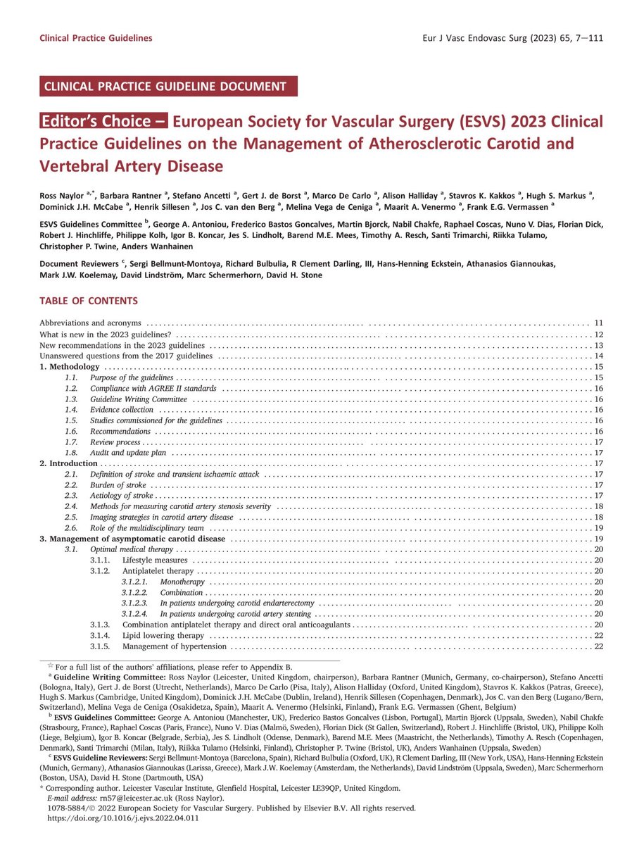 The January issue of Eur J Vasc Endovasc Surgery is now published and is also available online. It includes the 2023 ESVS Carotid and Vertebral artery guidelines. These are free to access and download. Enjoy!!