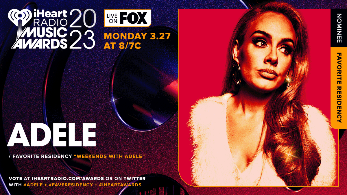 AdeleAccess's tweet image. .@Adele has been nominated for Favorite Residency at the iHeart Radio Music Awards 2023! 

To vote, RT and reply with:

I vote for #Adele for #FaveResidency at the #iHeartAwards 🏆