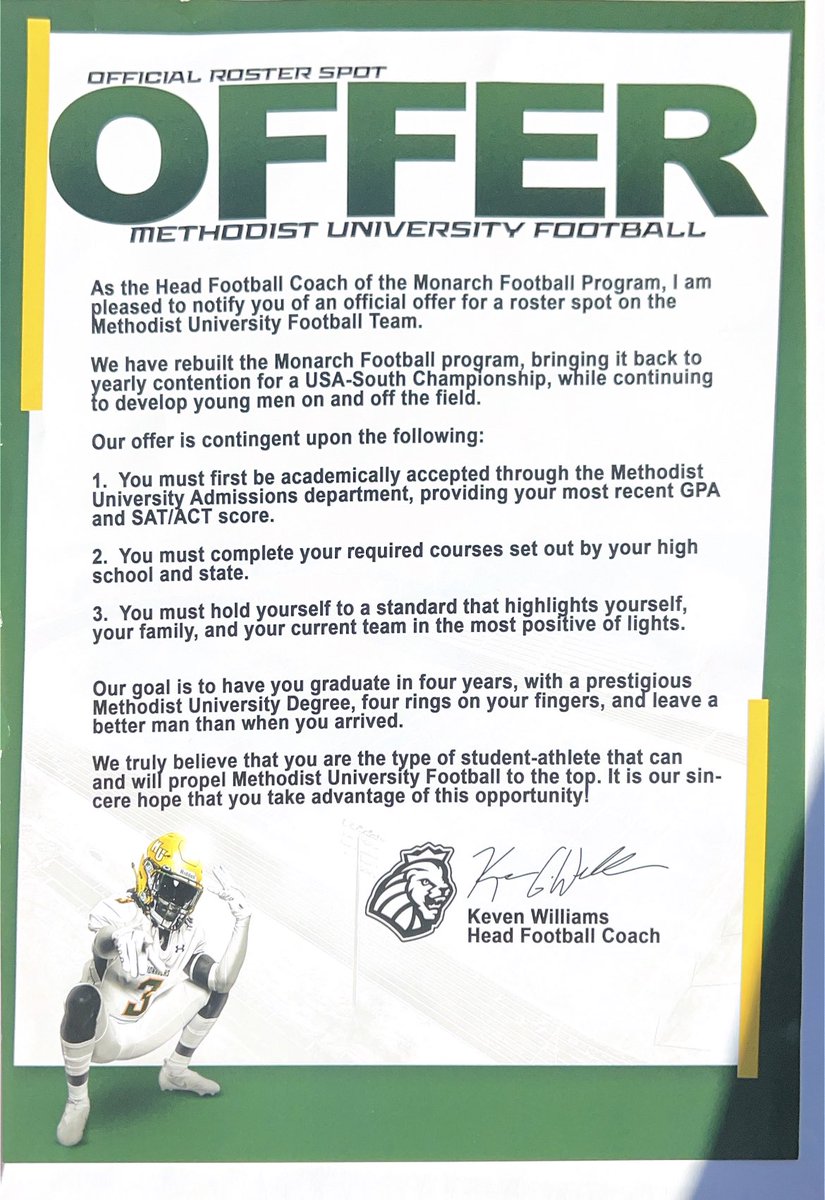 TrevorDury's tweet photo. Blessed to receive a roster spot to continue my athletic and academic career at the university of Methodist #gomonarchs https://t.co/PrzKyRQihx
