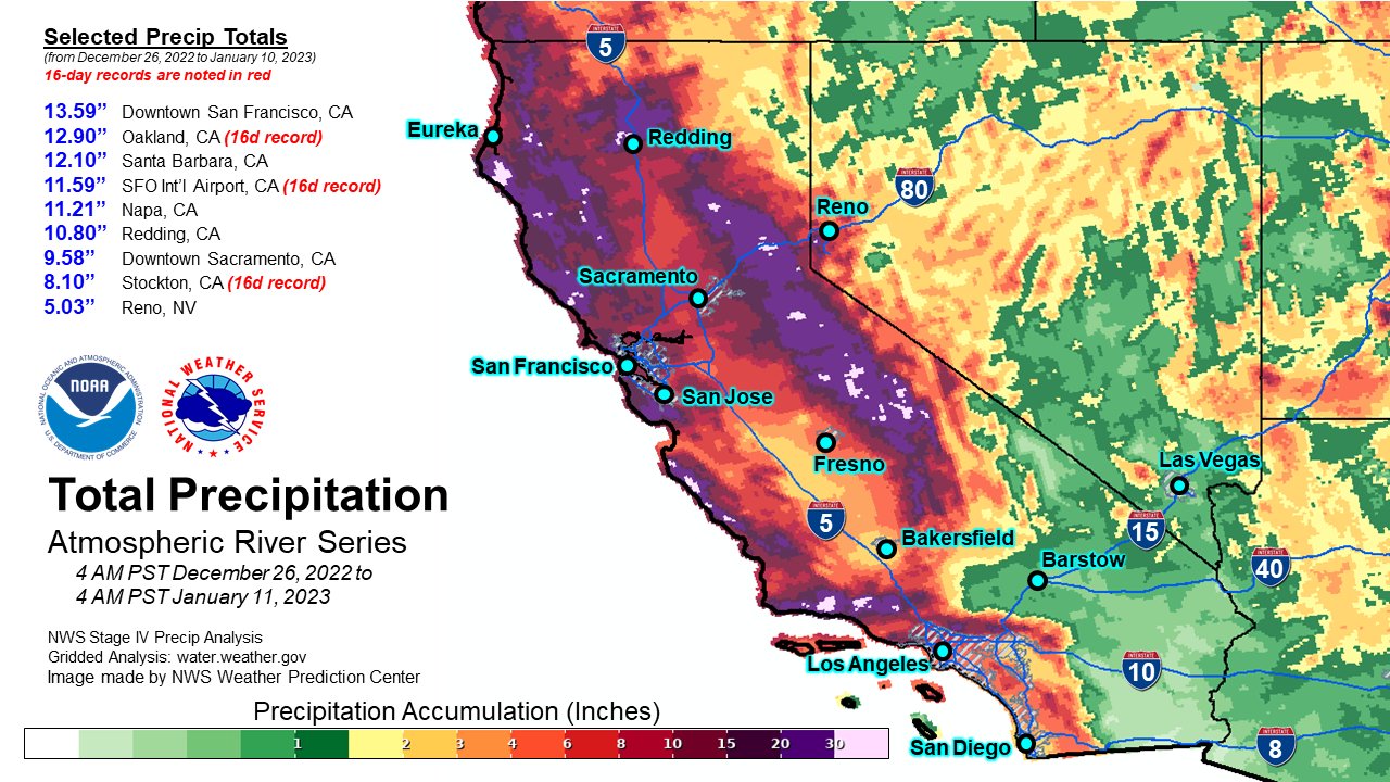 A map of gridded Stage IV precipitation analysis summed from 4 AM PST on December 26, 2022 to 4 AM PST on January 11, 2023. Some selected precipitation observations are also listed, including 13.59 inches of rain at Downtown San Francisco.