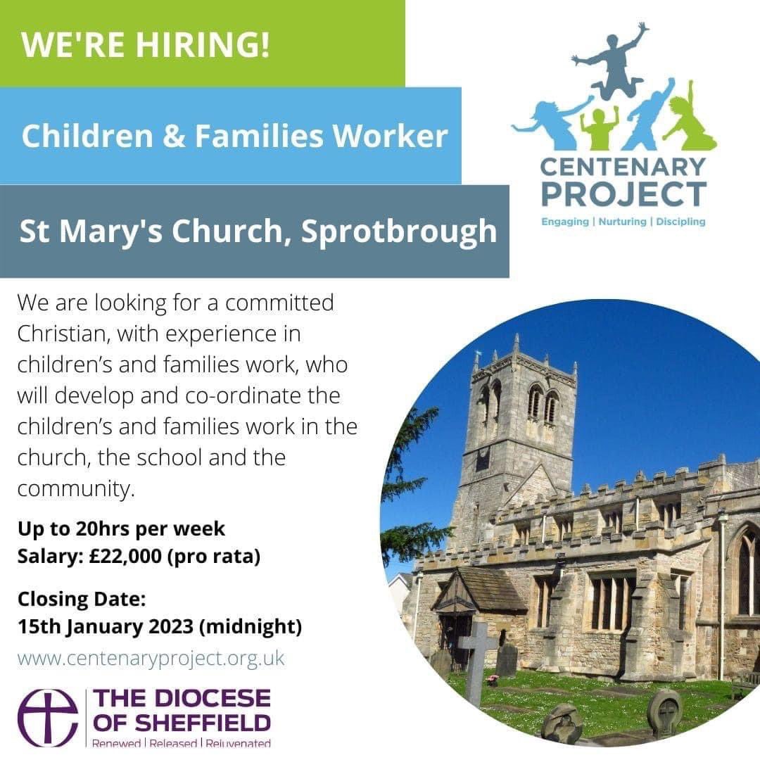 CentenaryProj's tweet image. We have a vacancy for a Children and Family Worker at St Marys Church Sprotbrough (Doncaster)

The closing date is this Sunday, the 15th of January.

To view the information pack  - 
sheffield.anglican.org/centenary-proj…

To request an application pack email - info@centenaryproject.org.uk