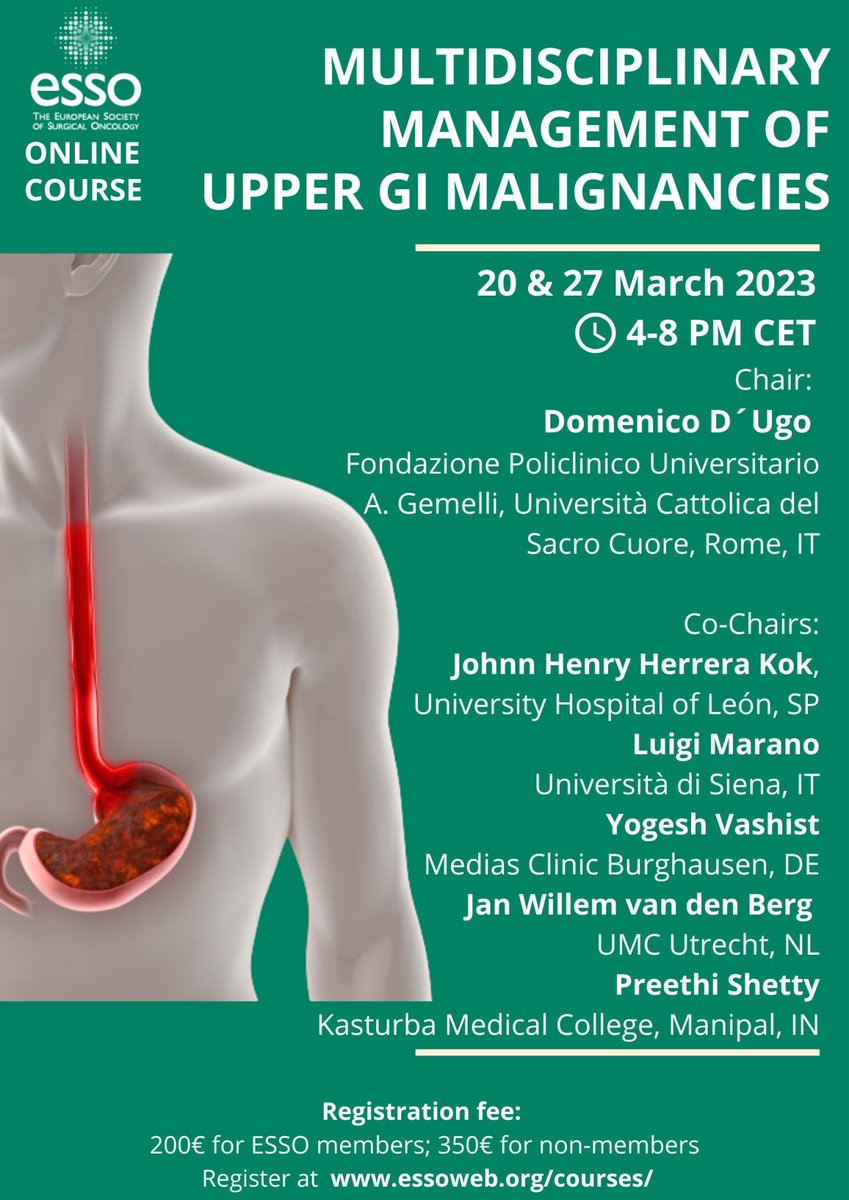 Upcoming course with great topics discussed by amazing speakers!! @ESSOnews @EYSAC1 #esso #surgery #oncology #uppergi