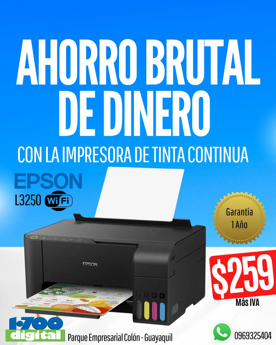 Multifuncion de tinta continua EPSON L3250 Wifi para ahorro brutal de dinero en tintas...
🏢 1-700 Digital S.A. Parque Empresarial Colon, local 4. Frente a Produbanco. Urdesa Norte, Guayaquil.

📞Whatsapp wa.me/593969325404

🚗Envios por Servientrega