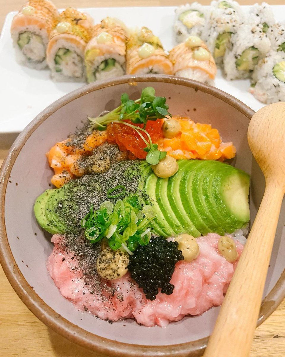 Now THIS is a bowl! This is FISH &amp; RICE's Dragonbowl made with toro, king salmon, black sesame ash, caviar, ikura &amp; garlic aioli. Get it before it’s gone: fishnrice.com #PDX #HereforPortland #DinePDX