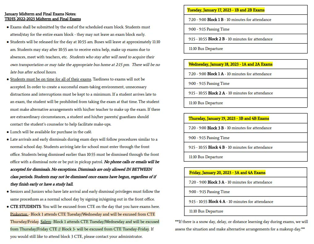 Next week begins our Semester 1 Midterms and Finals! Please see the attached photo or check your email for more information!