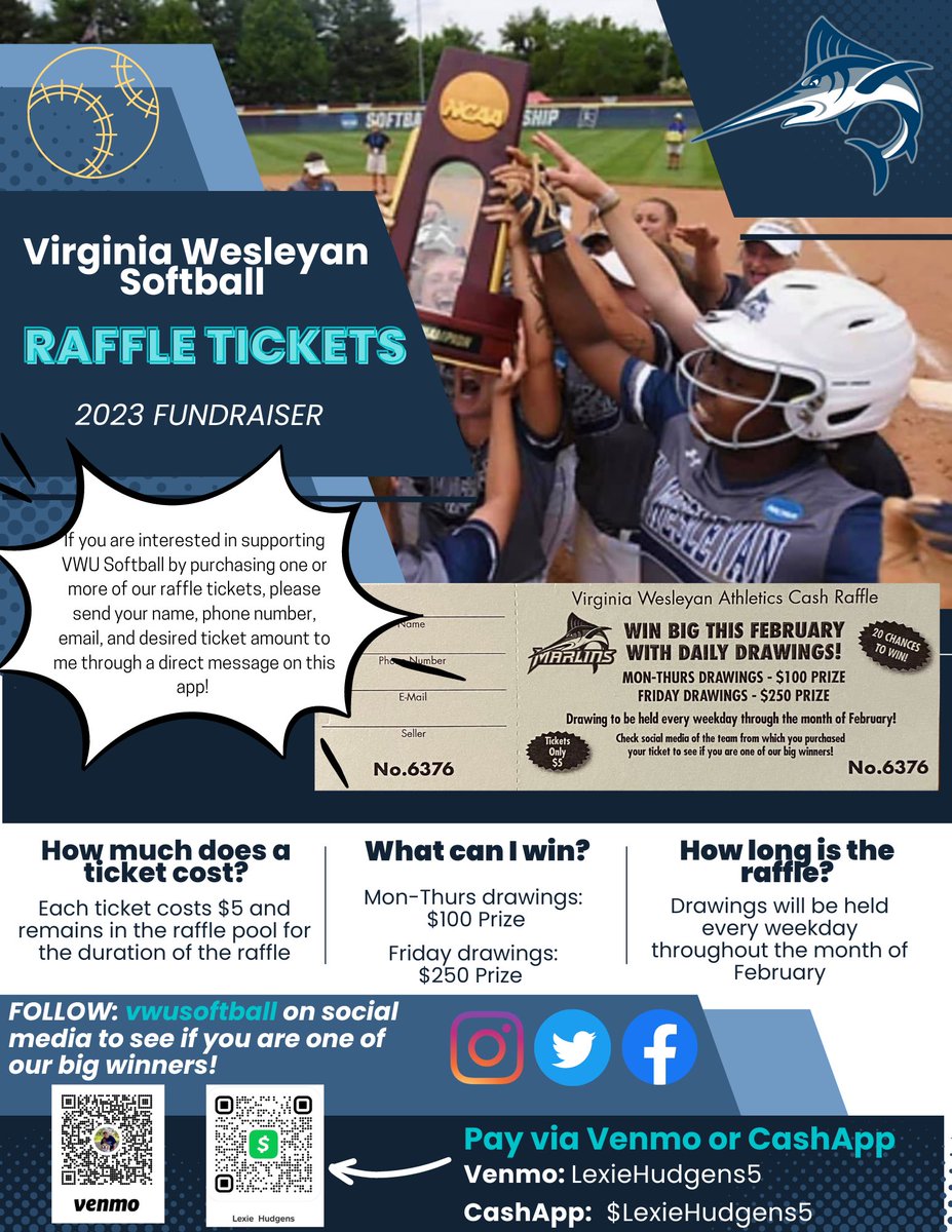 Support VWU Softball by purchasing a raffle ticket for our cash raffle coming up in February! Time is running out, so you better get your tickets soon! If you are interested, send me a direct message so you can get your name in the raffle!! 🎟️🥎
