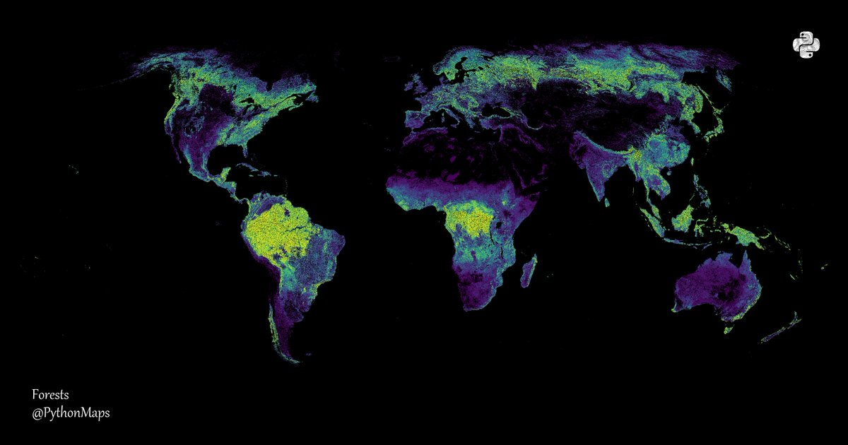 PythonMaps's tweet photo. Where are the world's trees? 
This map shows the percentage tree cover at a 30 × 30 meter resolution. Yes, I know I should put a colourbar on it but I am in the business of pretty images and colourbars are ugly.  
#Python, #Matplotlib, #Numpy. 
#Data #DataScience #geography https://t.co/RM3MTJdFEq